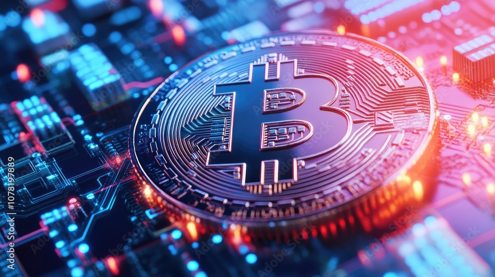 Poster digital bitcoin on circuit board background