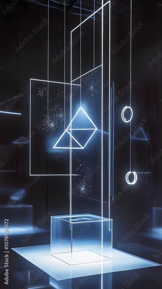 Poster 10. a sleek 3d display with floating geometric shapes, ambient lighting, and a central vertical spac