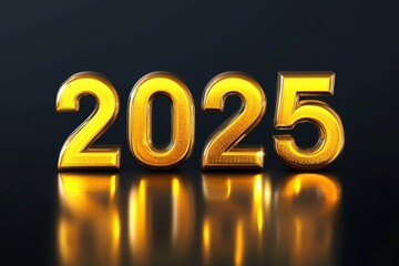3D golden numbers 2025 and text Happy New Year on a black background, written in the center of the screen with an elegant font. 