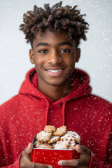 Naklejka premium Festive Portrait of African American Young Adult Male Wearing Cozy Red Hoodie Holding Christmas&nbsp;Gift