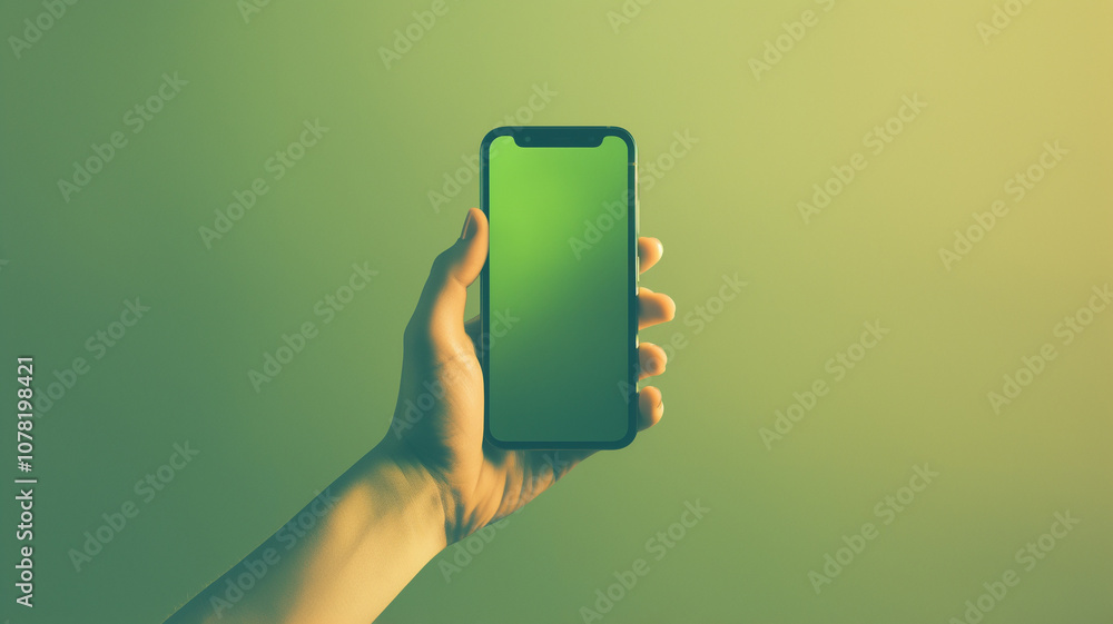 Poster hand holding smartphone with green screen, suitable for mockups and design presentations. image is set against gradient background, creating modern and versatile look