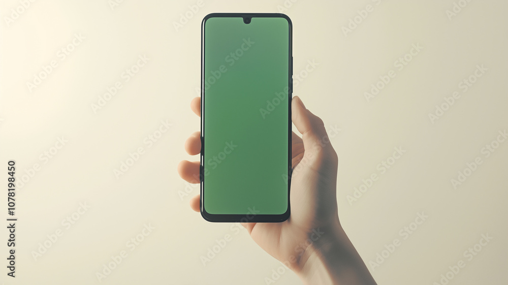 Poster hand holding smartphone with green screen, suitable for mockups and design presentations. neutral ba