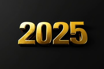 3D golden numbers 2025 and text Happy New Year on a black background, written in the center of the screen with an elegant font. 