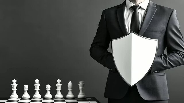 A businessperson in a sleek, modern suit stands with a shield held defensively in front of a chessboard filled with pieces, symbolizing corporate cyber risk management and the stra