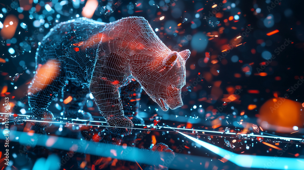 Poster digital wireframe bear stands in dynamic, futuristic setting with vibrant lights and particles, symb
