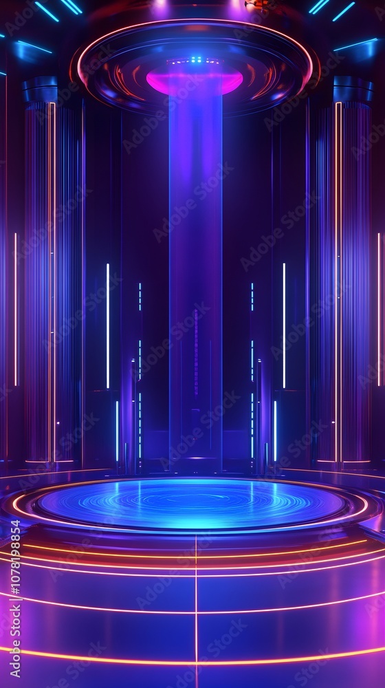 Poster 11. a futuristic 3d stage with rotating holograms, glowing lines, and ample space for a product to b