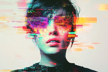 Colorful digital glitch effect on woman's portrait