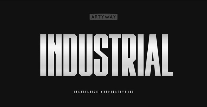 Condensed industrial alphabet, bold tall metallic letters, high metallic font for modern automotive identity, robust utilitarian design, robust typographic style. Vector typeset.