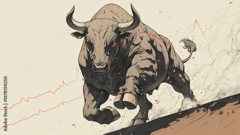 Poster powerful bull charges forward, symbolizing bullish market trend with dynamic energy and determinatio