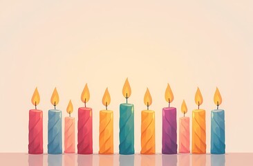 Illustration of colorful eleven candles in a row, with a soft, pastel background. Space for text with congratulations. Basis for a greeting card