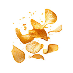 A delightful display of flying crispy potato chips, perfectly capturing the moment they burst into the air, showcasing tantalizing textures against a pure black background.