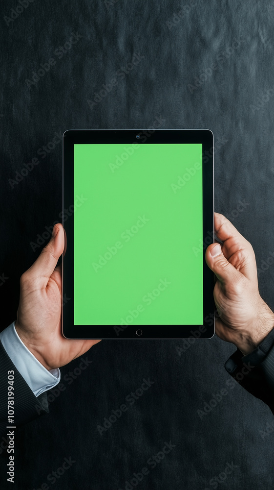Poster person holds tablet with green screen, perfect for digital content creation or mockups. background i