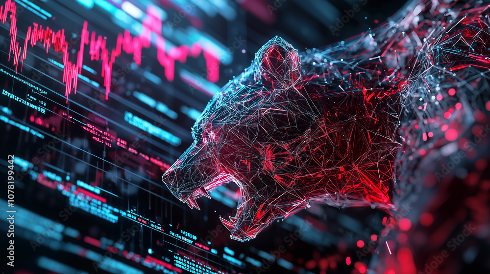 Poster dynamic illustration of bear amidst declining stock market, symbolizing bearish trends with digital 
