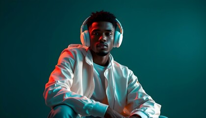 Young man wearing headphones and a white jacket, illuminated by red and blue lights against a dark green background. His thoughtful expression adds a moody, stylish atmosphere