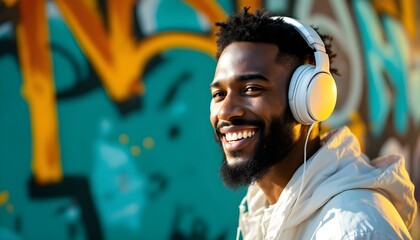Portrait of a smiling young man wearing headphones in front of a colorful graffiti wall. The bright, cheerful setting and his warm expression convey positivity and urban style