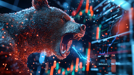 fierce bear roars amidst fluctuating stock market charts, symbolizing market volatility and risk. dynamic illustration captures tension and unpredictability of trading environments