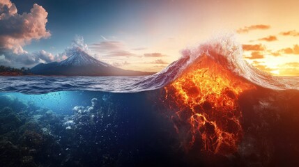 Fototapeta premium A stunning visual of a wave showcasing a fiery core below, contrasting with a serene landscape of mountains and clouds above at sunset.