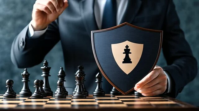 A corporate leader in a suit holds a shield emblazoned with a cyber security emblem, standing in front of a chessboard where pieces are strategically placed, symbolizing the defens