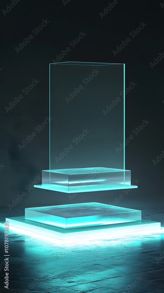 Poster 13. a clean 3d showcase with glowing edges, floating structures, and a vertical area to highlight a 
