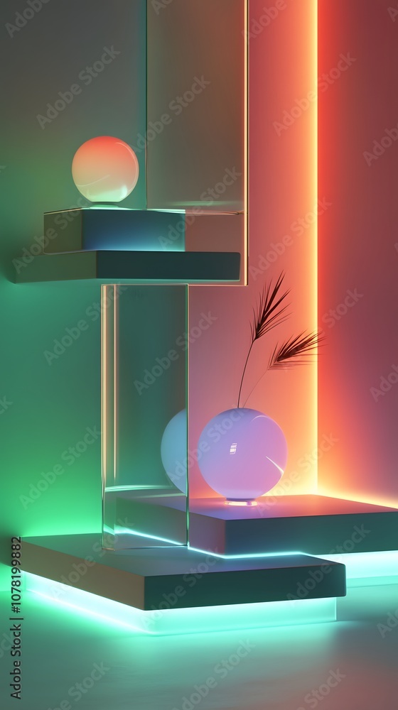 Poster 13. a clean 3d showcase with glowing edges, floating structures, and a vertical area to highlight a 
