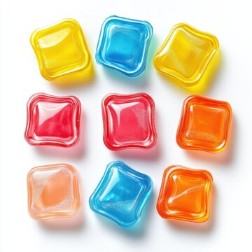 Colorful laundry pods arranged on white background in grid pattern