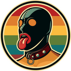 Leather bondage mask and collar on gay man with tongue out. Round graphic rainbow sm symbol (vector)