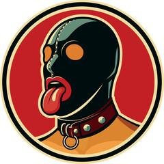 Leather bondage mask and collar on man with tongue out. Circular graphic sm symbol (vector)