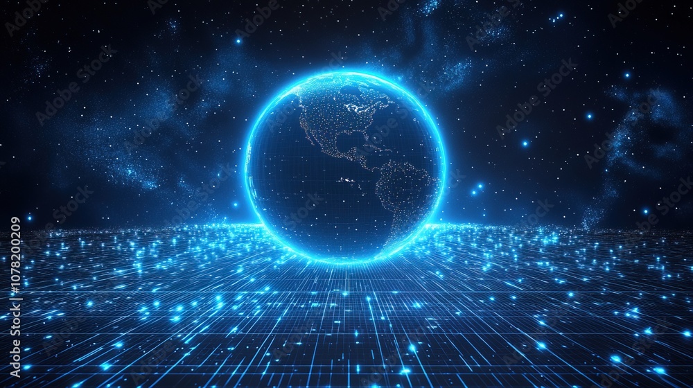 Poster background with an abstract blue futuristic globe and a grid perspective