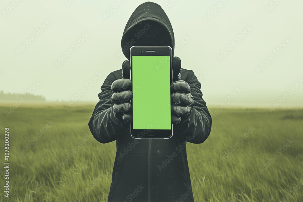 Poster person in hooded jacket and gloves holds smartphone with green screen in grassy field, creating myst