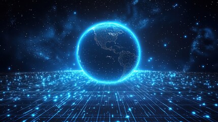 Background with an abstract blue futuristic globe and a grid perspective
