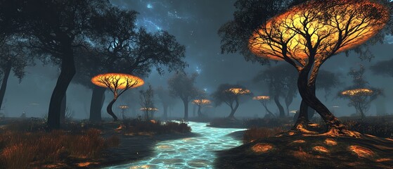 A mystical landscape with glowing trees lining a tranquil, flowing river at dusk.