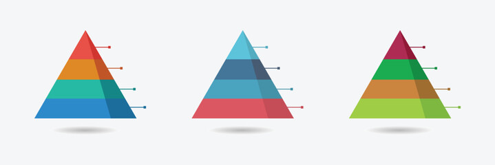 Triangular chart or pyramid diagram divided into 4 parts or levels. Blank 4 tier pyramid chart design