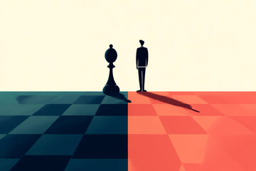 A man and a chess piece are on a checkered board