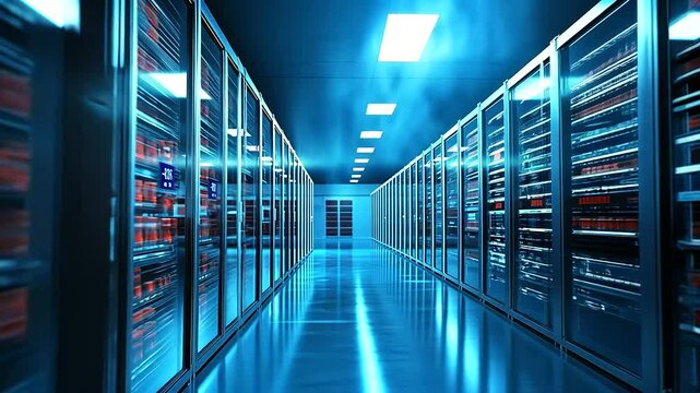A high-tech refrigerated storage warehouse, filled with towering shelves lined with neatly organized pallets of perishable goods, with cool mist rising and digital temperature disp