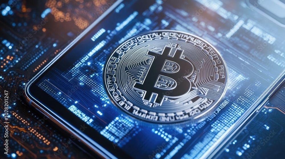 Poster digital bitcoin currency on smartphone display