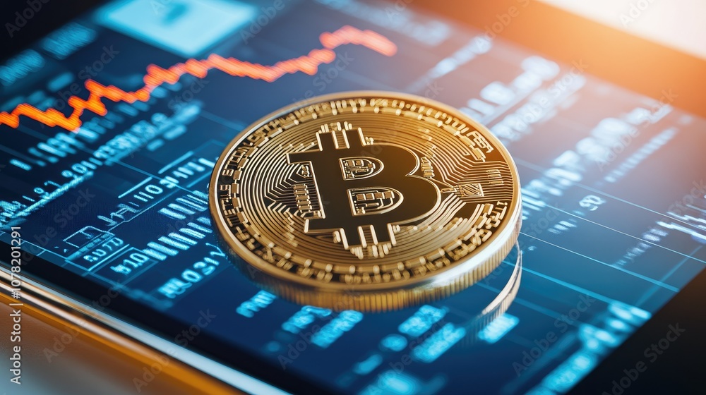 Poster golden bitcoin coin on smartphone displaying data