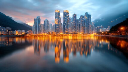Fototapeta premium The city skyline is beautifully illuminated, its towering buildings reflecting on the serene, still waters below
