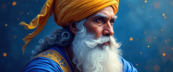 Fototapeta premium Elegant artwork of Guru Nanak Dev Ji in blue and gold capturing divine essence and spirituality