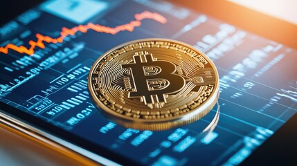 Golden Bitcoin Coin on Smartphone Displaying Data