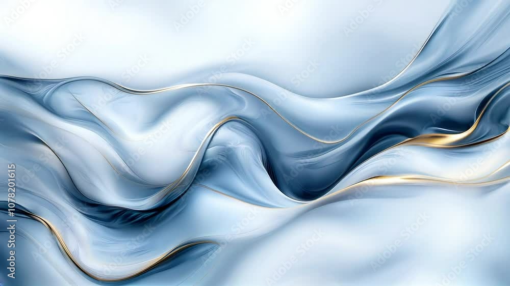 Poster abstract wave patterns in soft blue and white tones with elegant golden accents for modern art and d
