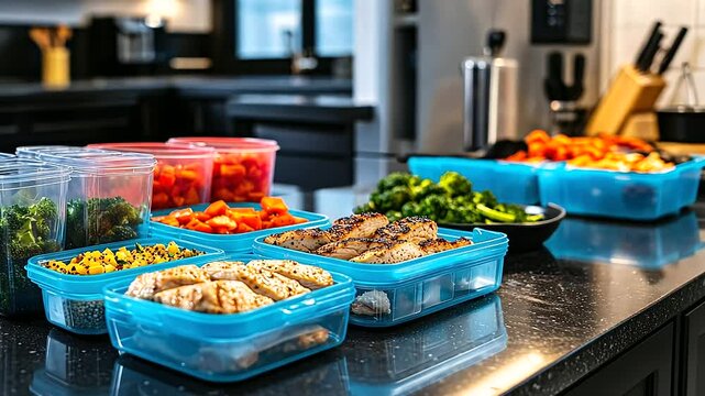 A kitchen countertop filled with vibrant Tupperware containers, each neatly organized with portions of grilled chicken, roasted vegetables, and quinoa, ready for a healthy and orga