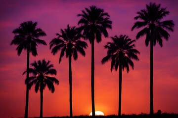 Row of palm trees silhouetted against a bright orange and purple horizon with the sun halfway set, Ai Generated