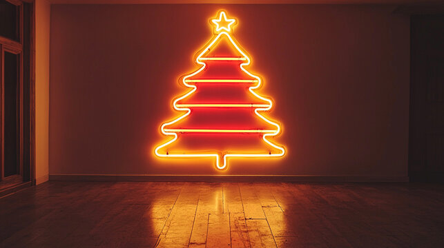  neon Christmas tree on dark cement wall, blinking fir tree light sign, interior night club, simple symbol shape.