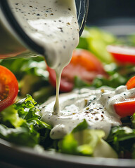 creamy ranch dressing pouring over a vibrant garden salad featuring ripe tomatoes and crisp greens
