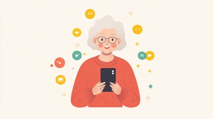 Fototapeta premium Senior using voice-activated phone with big icons, looking pleased
