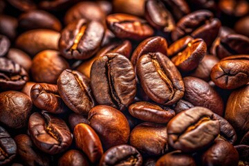 Obraz premium Close-Up of Rich Coffee Beans in Macro Photography - Aromatic, Dark Brown, Organic Coffee, Natural Texture, Freshly Roasted Beans, Coffee Lovers, Beverage, Gourmet, Coffee Culture, Cafe