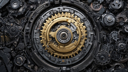 A close up of a machine with many gears and a gold circle in the middle