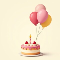 Illustration of birthday cake and candles with pink icing and one candle and balloons. Space for text with congratulations. Base for birthday card