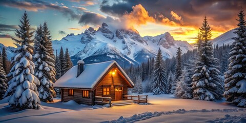 Fototapeta premium Cozy Cabin in Snowy Mountain Landscape at Dusk - Tranquil Winter Retreat, Serene Nature Escape, Rustic Architecture, Snow-Covered Peaks, Peaceful Evening Scenery, Warm Light Glow