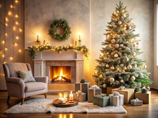 Cozy Minimalist Christmas Living Room with Glowing Fireplace and Decorated Tree